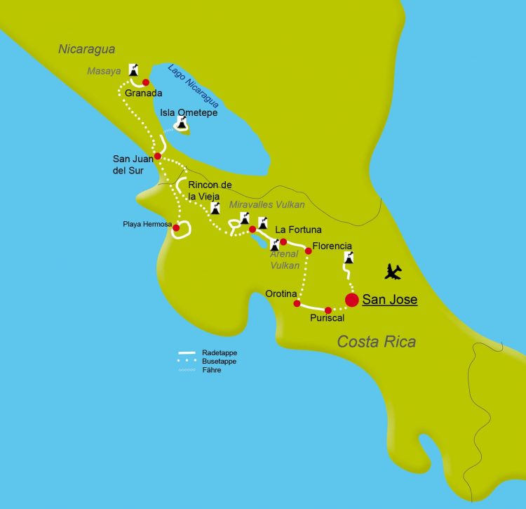 Karte der Radreise durch Costa Rica und Nicaragua