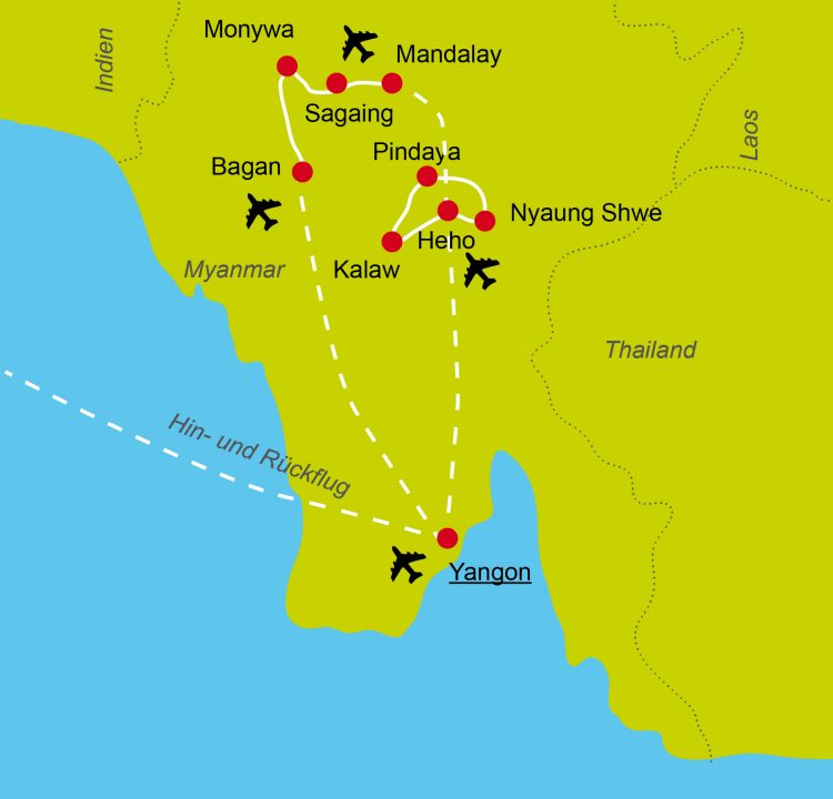 Karte der Radreise in Myanmar