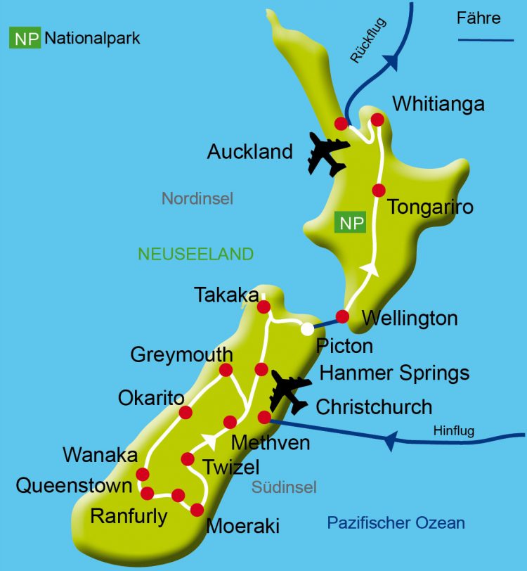 Karte der Rundreise per Fahrrad in Neuseeland