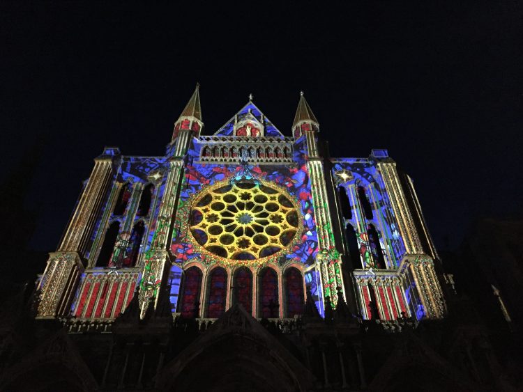 Illuminated church in Chartres